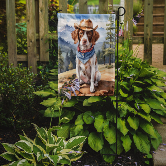 Brittany Spaniel Cowboy Welcome Garden Flag – Western Dog Yard Decor with Mountain Landscape