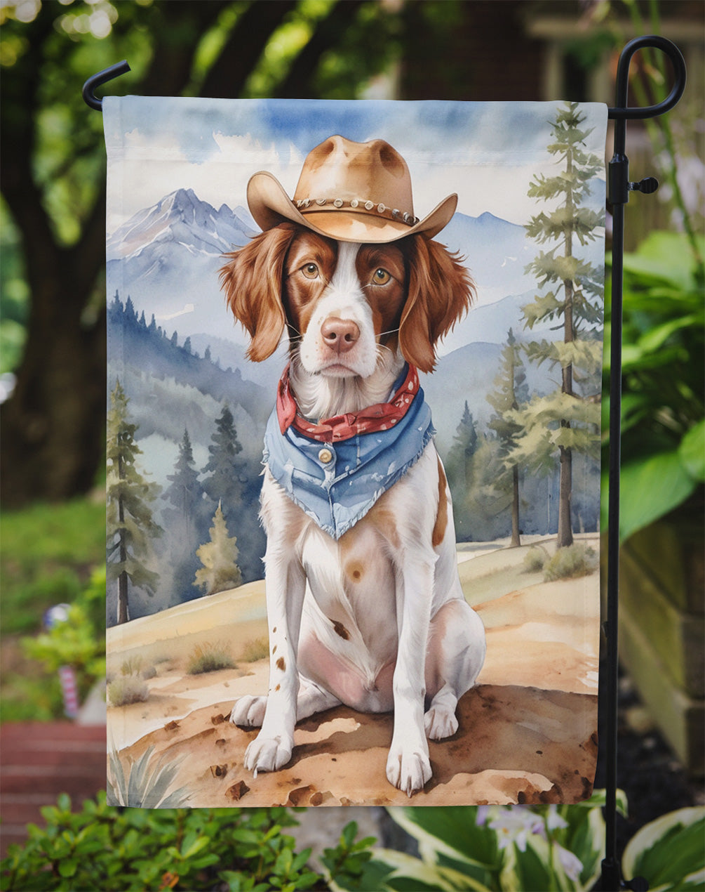 Brittany Spaniel Cowboy Welcome Garden Flag – Western Dog Yard Decor with Mountain Landscape