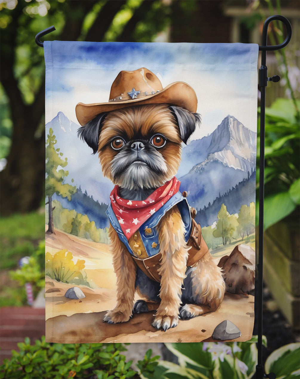 Brussels Griffon Cowboy Welcome Garden Flag – Western Dog Yard Decor with Mountain Landscape