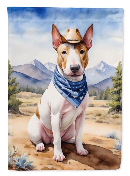 Bull Terrier Cowboy Welcome Garden Flag – Western Dog Yard Decor with Mountain Landscape