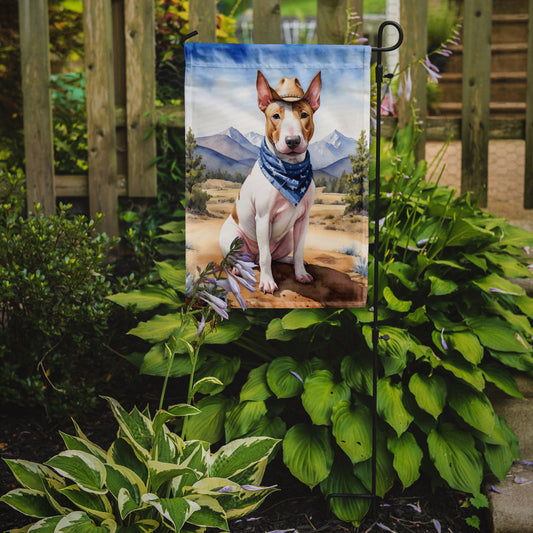 Bull Terrier Cowboy Welcome Garden Flag – Western Dog Yard Decor with Mountain Landscape