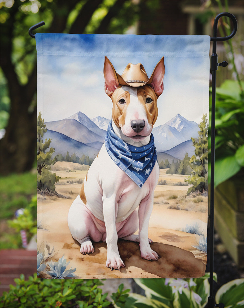 Bull Terrier Cowboy Welcome Garden Flag – Western Dog Yard Decor with Mountain Landscape