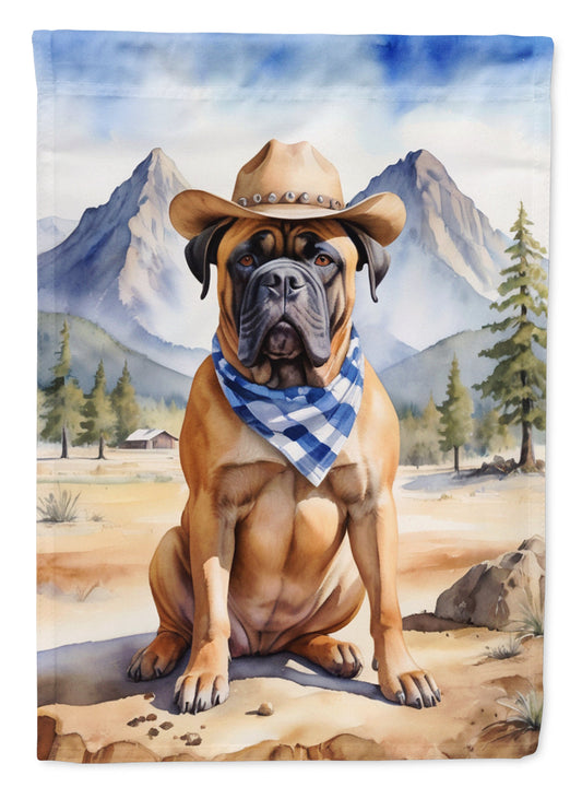 Bullmastiff Cowboy Welcome Garden Flag – Western Dog Yard Decor with Mountain Landscape