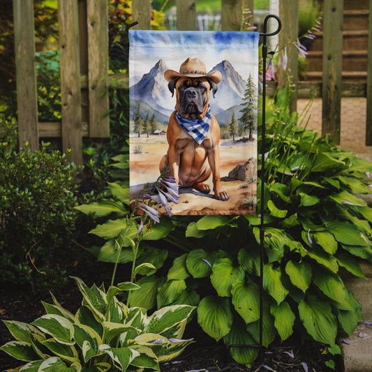 Bullmastiff Cowboy Welcome Garden Flag – Western Dog Yard Decor with Mountain Landscape