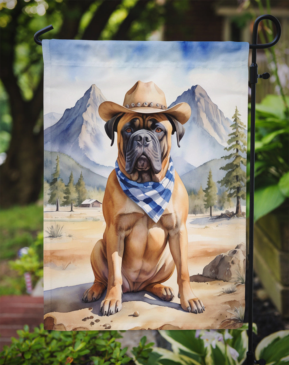 Bullmastiff Cowboy Welcome Garden Flag – Western Dog Yard Decor with Mountain Landscape