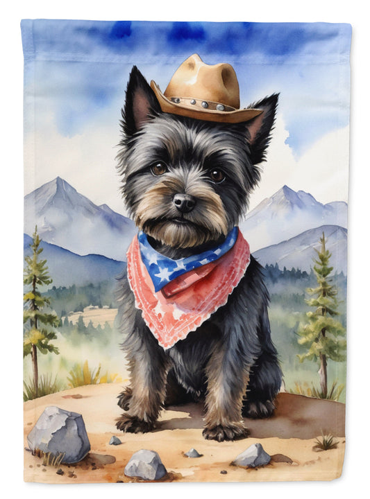 Cairn Terrier Cowboy Welcome Garden Flag – Western Dog Yard Decor with Mountain Landscape