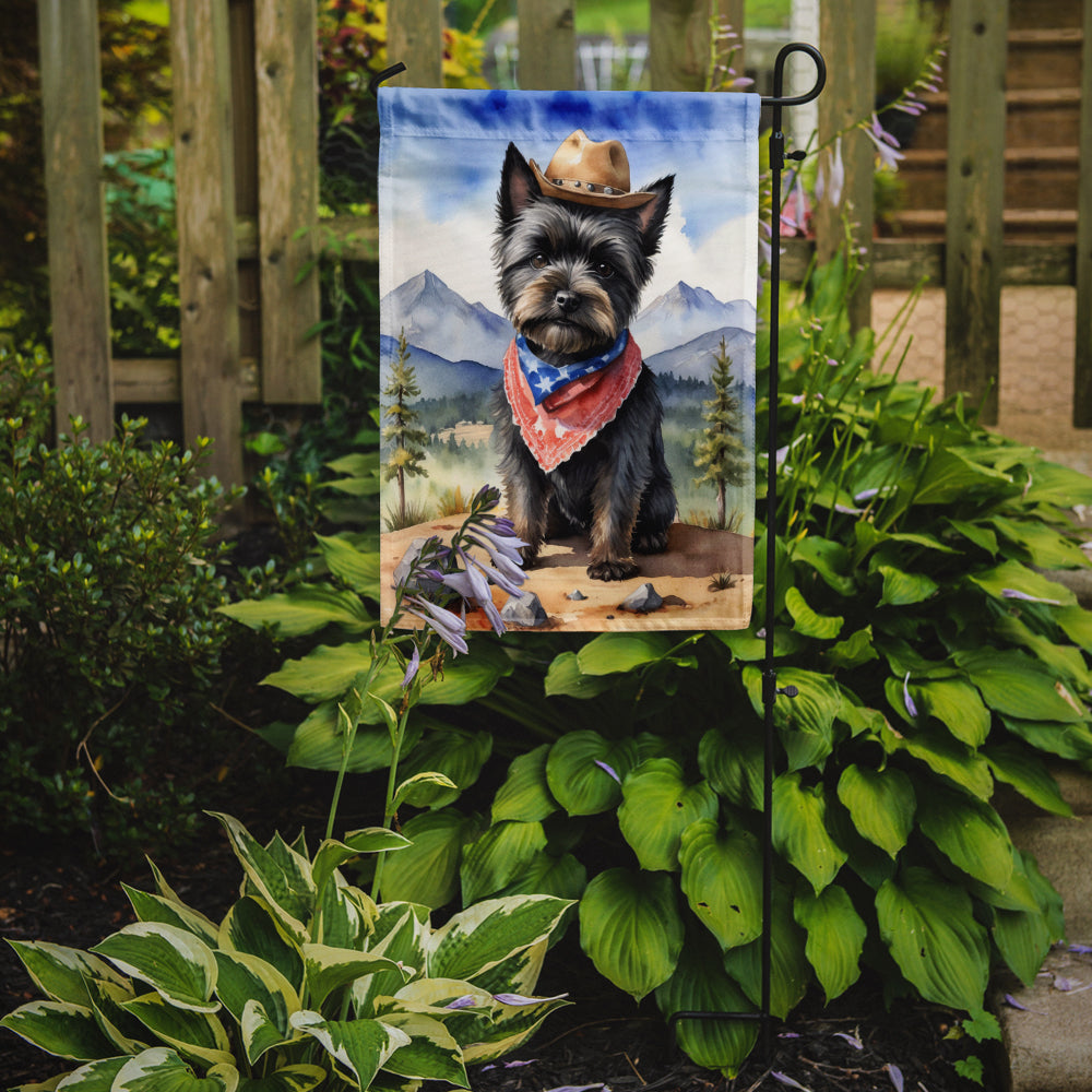 Cairn Terrier Cowboy Welcome Garden Flag – Western Dog Yard Decor with Mountain Landscape