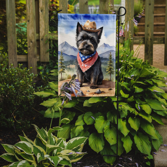 Cairn Terrier Cowboy Welcome Garden Flag – Western Dog Yard Decor with Mountain Landscape