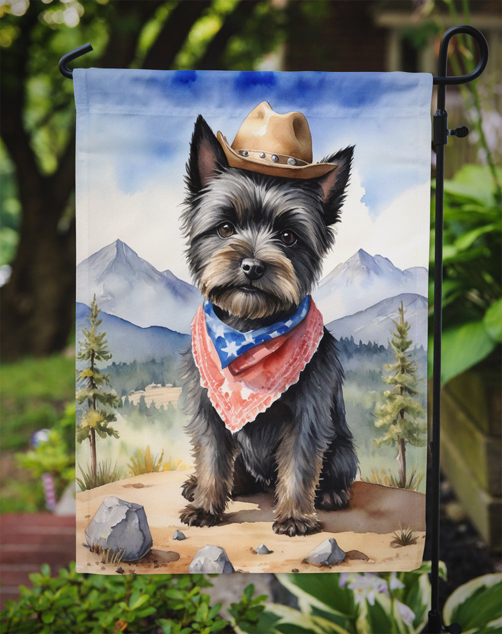 Cairn Terrier Cowboy Welcome Garden Flag – Western Dog Yard Decor with Mountain Landscape