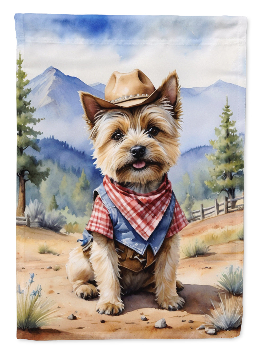 Cairn Terrier Cowboy Welcome Garden Flag – Western Dog Yard Decor with Mountain Landscape