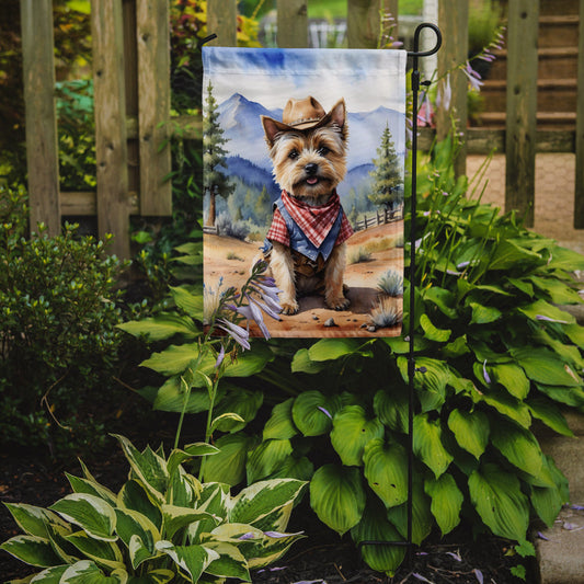 Cairn Terrier Cowboy Welcome Garden Flag – Western Dog Yard Decor with Mountain Landscape