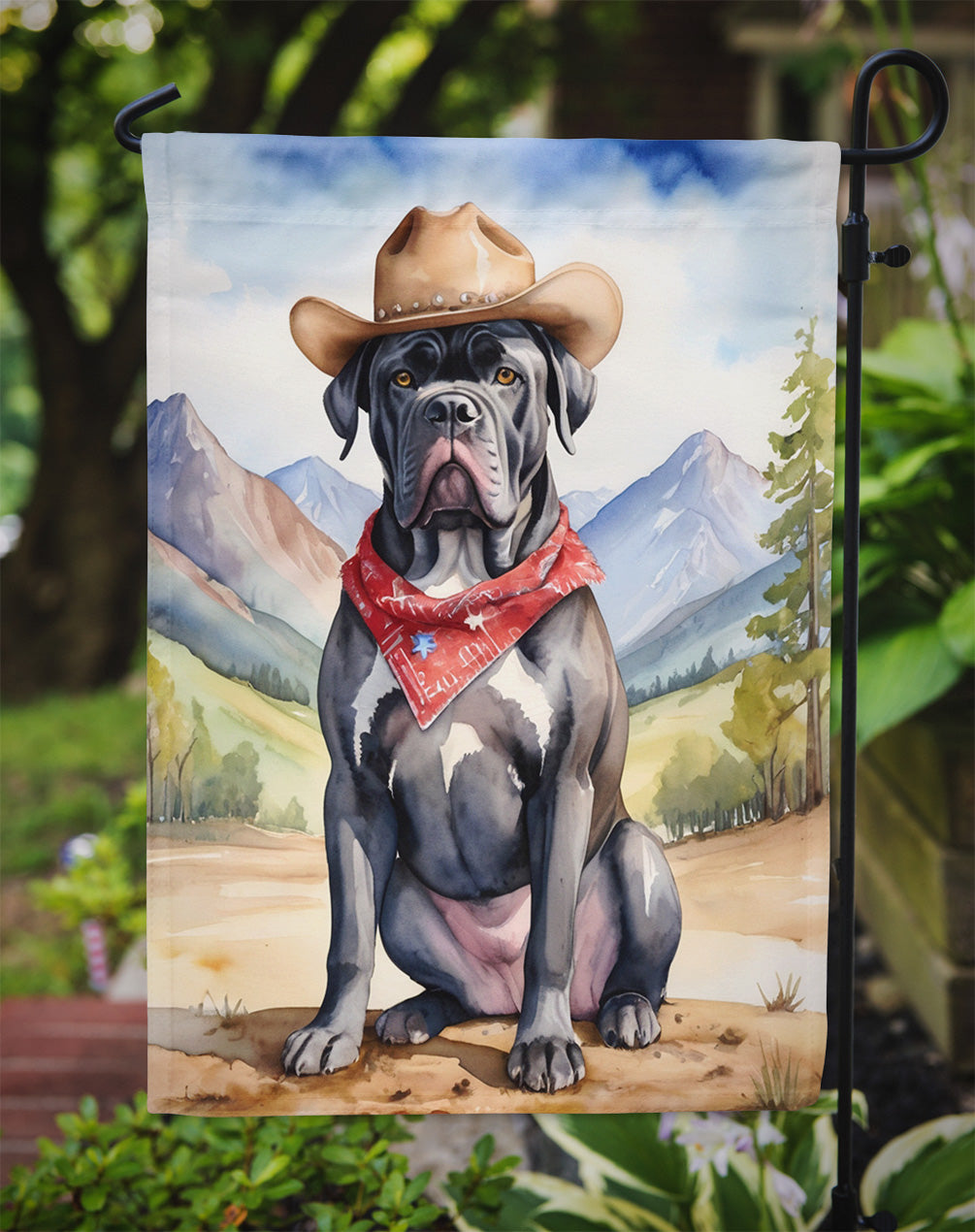 Cane Corso Cowboy Welcome Garden Flag – Western Dog Yard Decor with Mountain Landscape