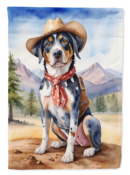 Catahoula Cowboy Welcome Garden Flag – Western Dog Yard Decor with Mountain Landscape