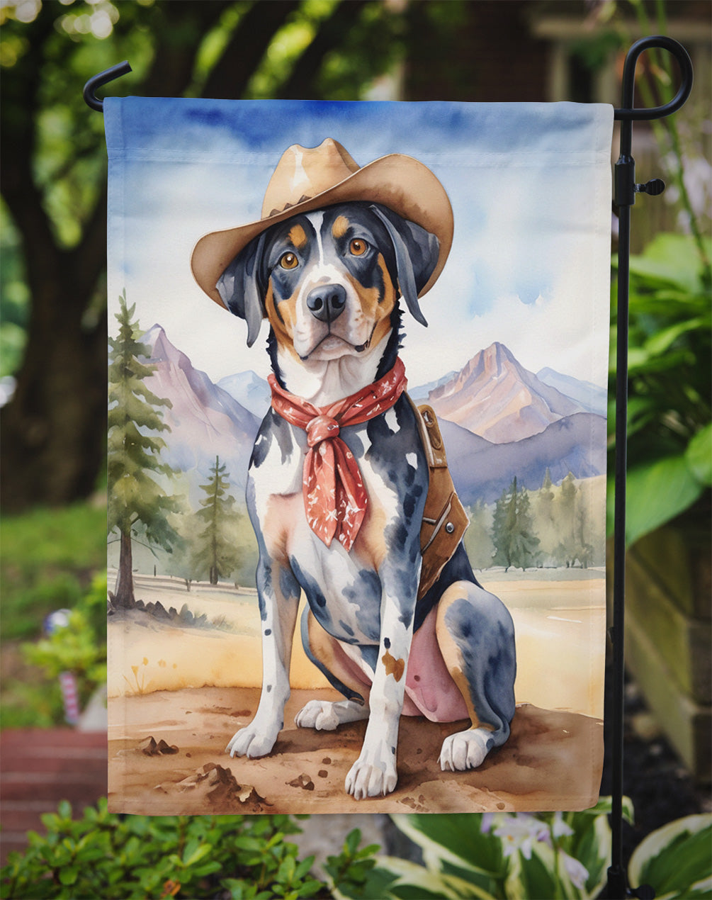 Catahoula Cowboy Welcome Garden Flag – Western Dog Yard Decor with Mountain Landscape