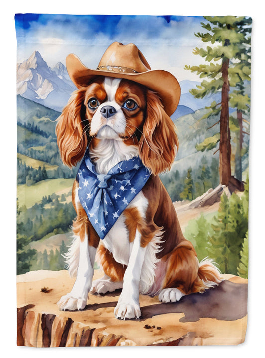 Cavalier Spaniel Cowboy Welcome Garden Flag – Western Dog Yard Decor with Mountain Landscape
