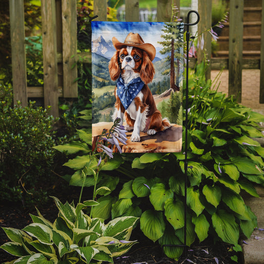 Cavalier Spaniel Cowboy Welcome Garden Flag – Western Dog Yard Decor with Mountain Landscape