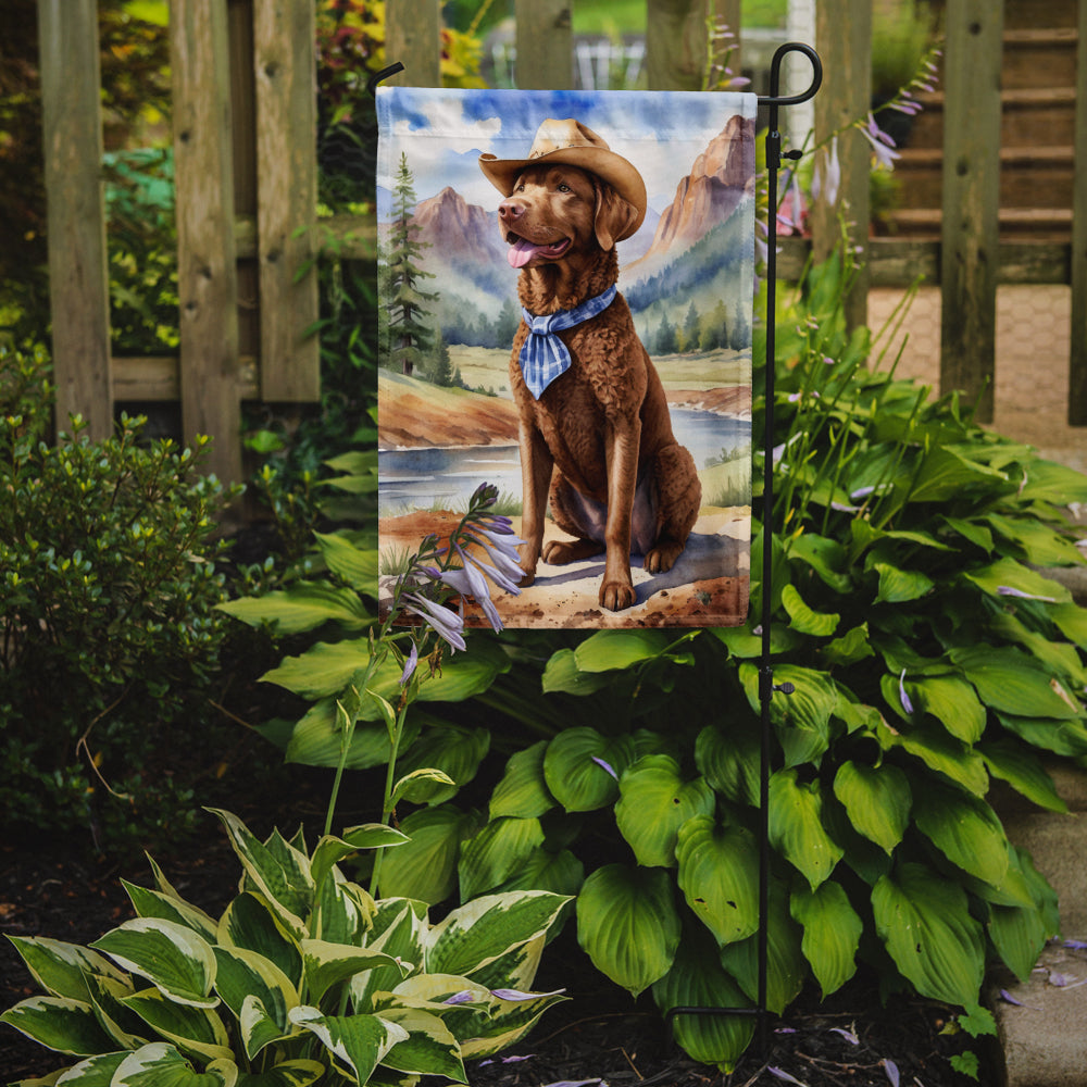 Chesapeake Bay Retriever Cowboy Welcome Garden Flag – Western Dog Yard Decor with Mountain Landscape