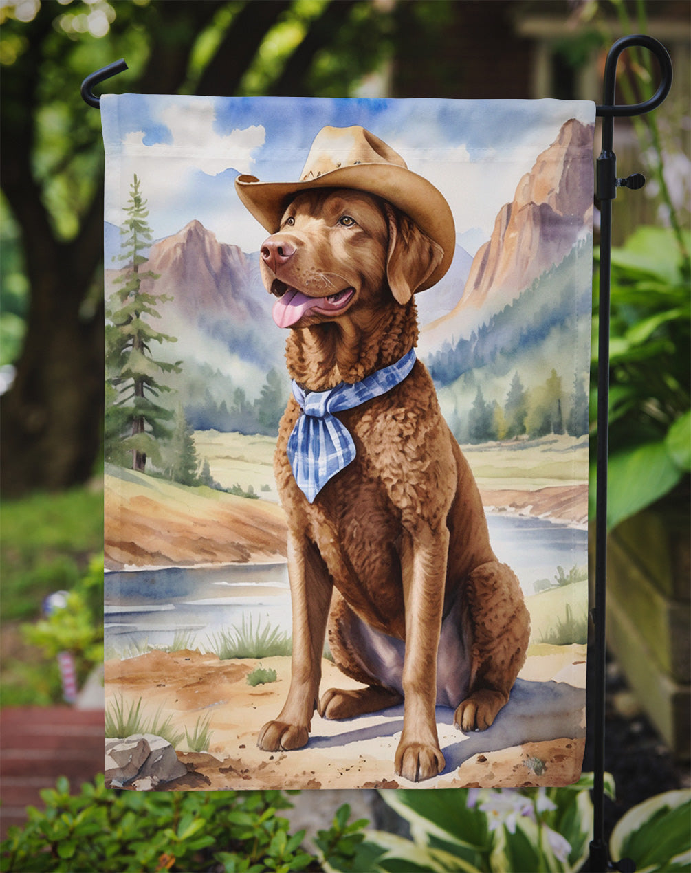 Chesapeake Bay Retriever Cowboy Welcome Garden Flag – Western Dog Yard Decor with Mountain Landscape