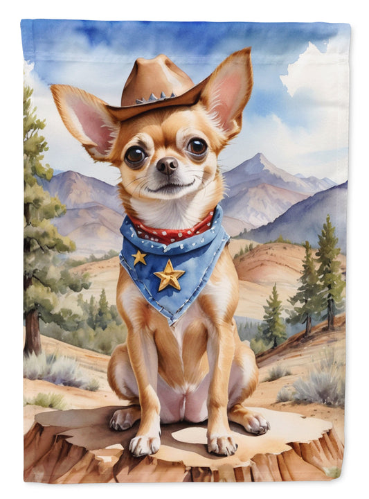 Chihuahua Cowboy Welcome Garden Flag – Western Dog Yard Decor with Mountain Landscape
