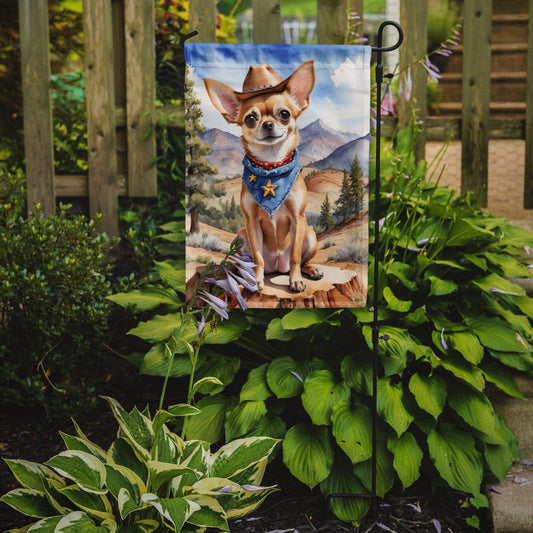 Chihuahua Cowboy Welcome Garden Flag – Western Dog Yard Decor with Mountain Landscape