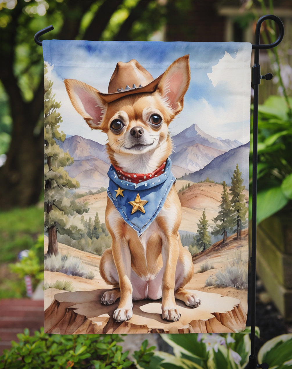 Chihuahua Cowboy Welcome Garden Flag – Western Dog Yard Decor with Mountain Landscape