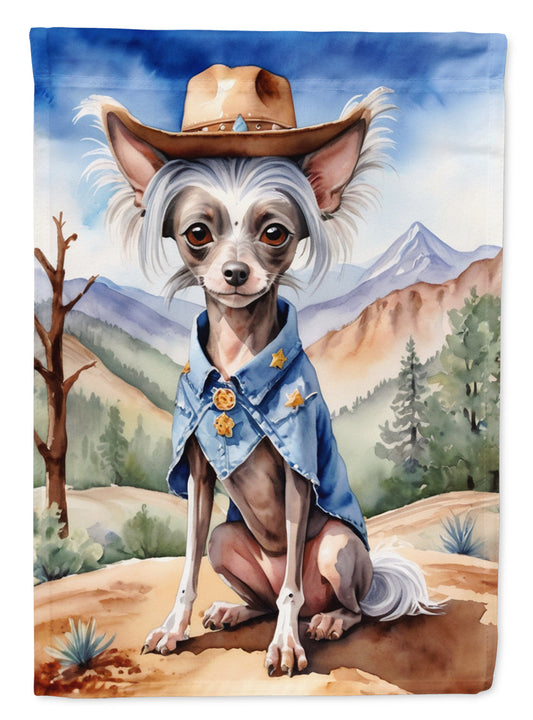 Chinese Crested Cowboy Welcome Garden Flag – Western Dog Yard Decor with Mountain Landscape
