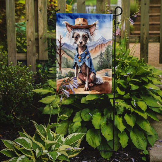 Chinese Crested Cowboy Welcome Garden Flag – Western Dog Yard Decor with Mountain Landscape