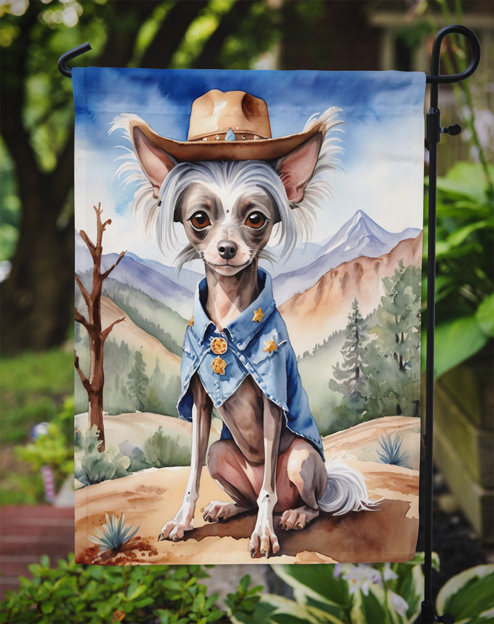 Chinese Crested Cowboy Welcome Garden Flag – Western Dog Yard Decor with Mountain Landscape