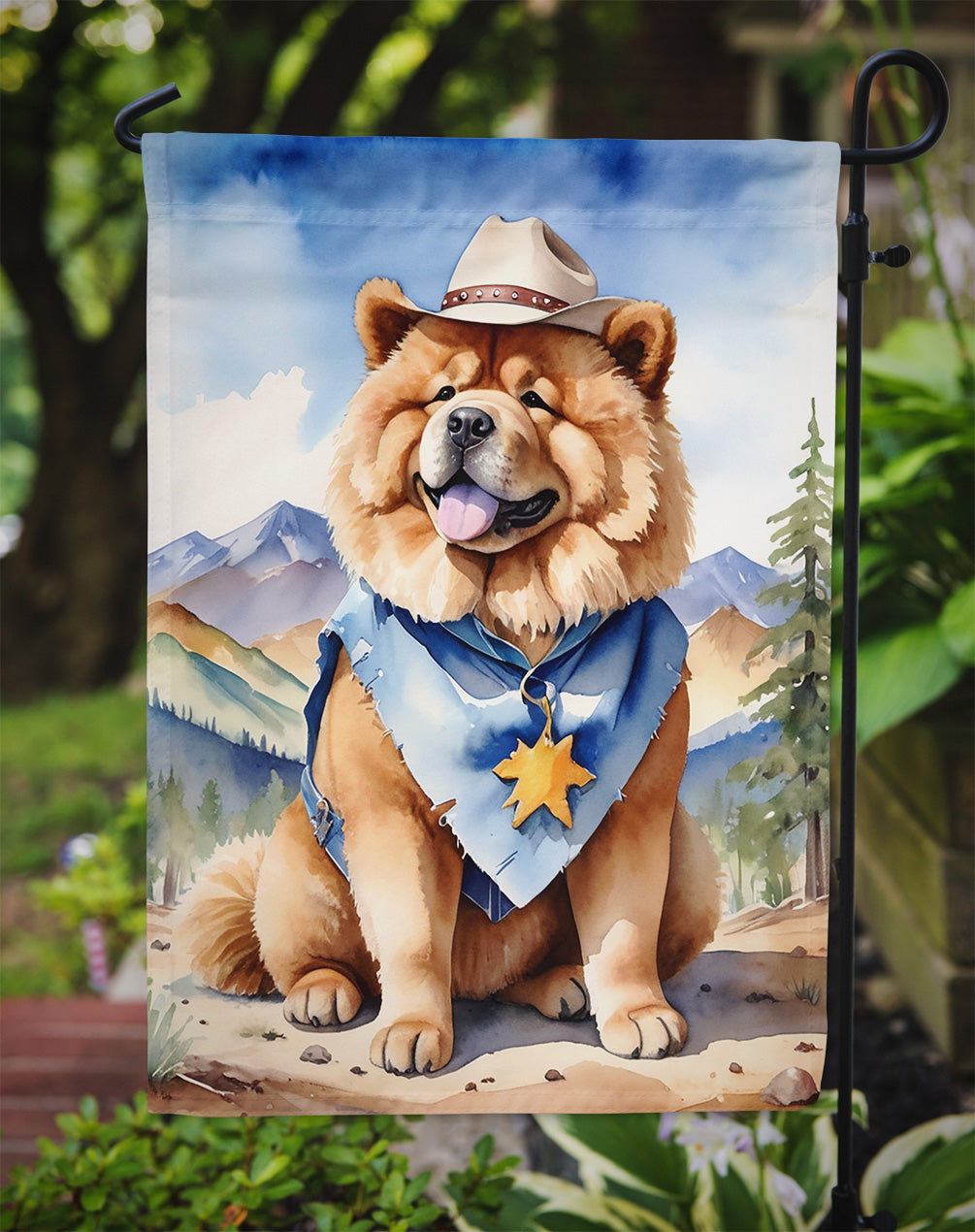 Chow Chow Cowboy Welcome Garden Flag – Western Dog Yard Decor with Mountain Landscape