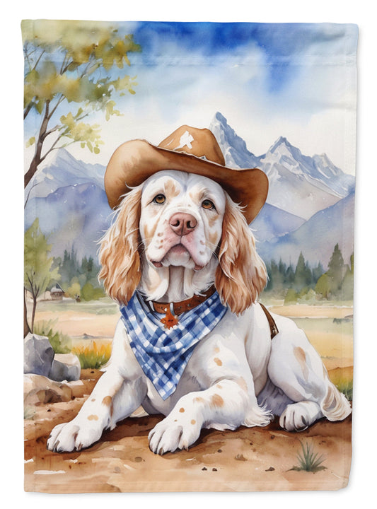 Clumber Spaniel Cowboy Welcome Garden Flag – Western Dog Yard Decor with Mountain Landscape