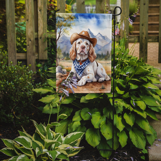 Clumber Spaniel Cowboy Welcome Garden Flag – Western Dog Yard Decor with Mountain Landscape