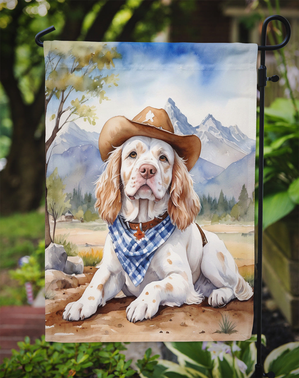 Clumber Spaniel Cowboy Welcome Garden Flag – Western Dog Yard Decor with Mountain Landscape