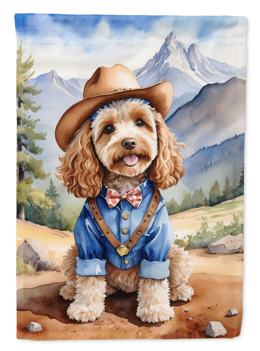 Cockapoo Cowboy Welcome Garden Flag – Western Dog Yard Decor with Mountain Landscape