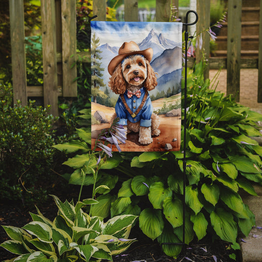 Cockapoo Cowboy Welcome Garden Flag – Western Dog Yard Decor with Mountain Landscape