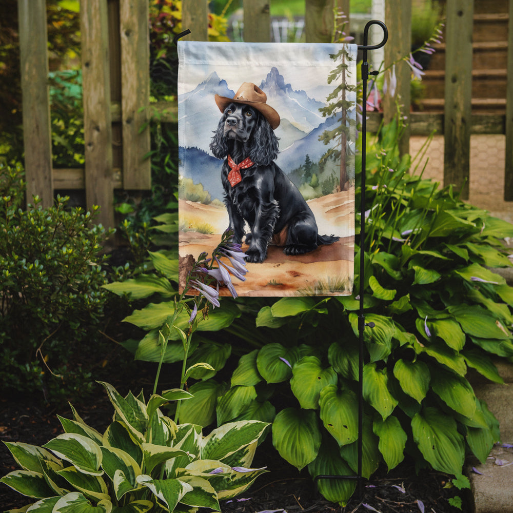 Cocker Spaniel Cowboy Welcome Garden Flag – Western Dog Yard Decor with Mountain Landscape