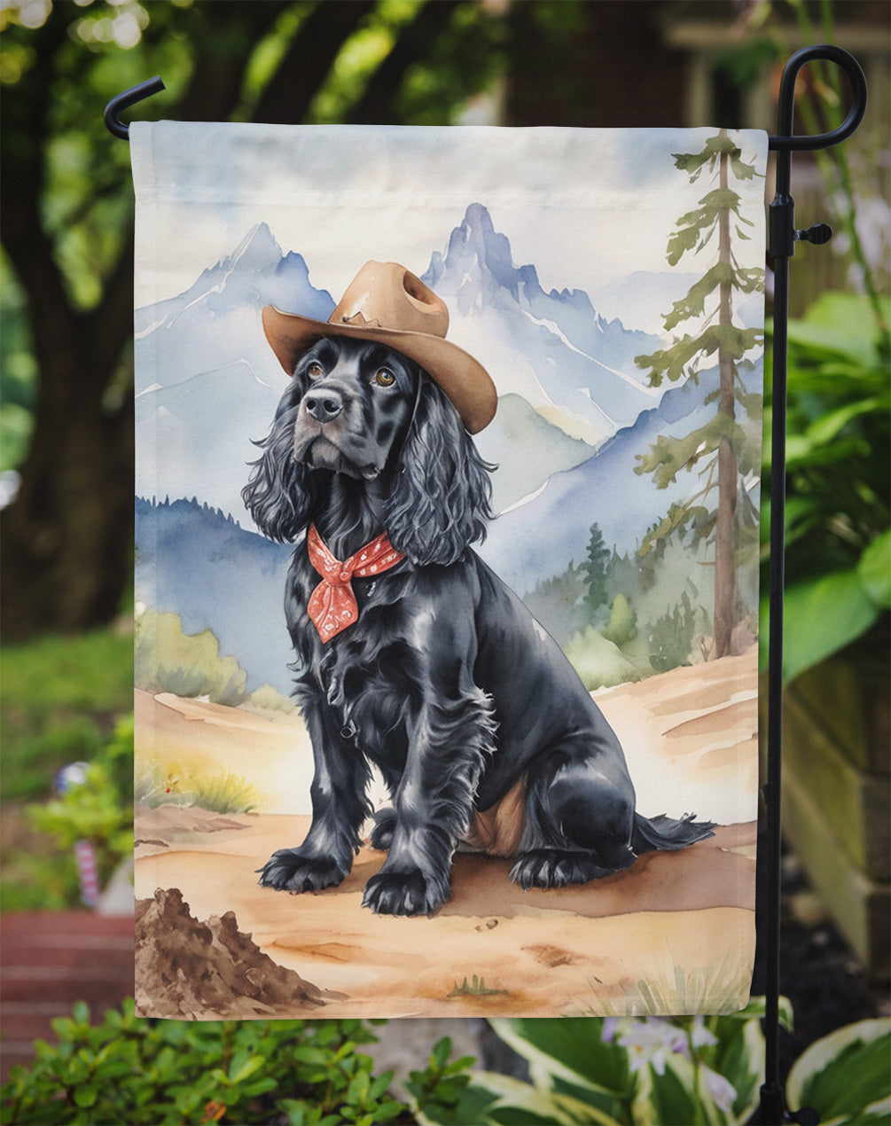 Cocker Spaniel Cowboy Welcome Garden Flag – Western Dog Yard Decor with Mountain Landscape