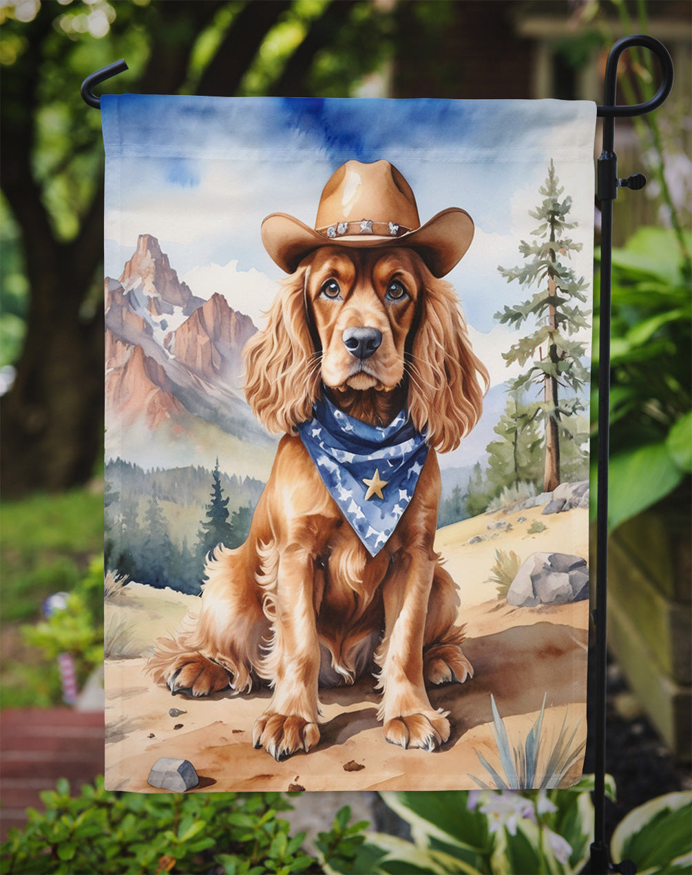 Cocker Spaniel Cowboy Welcome Garden Flag – Western Dog Yard Decor with Mountain Landscape