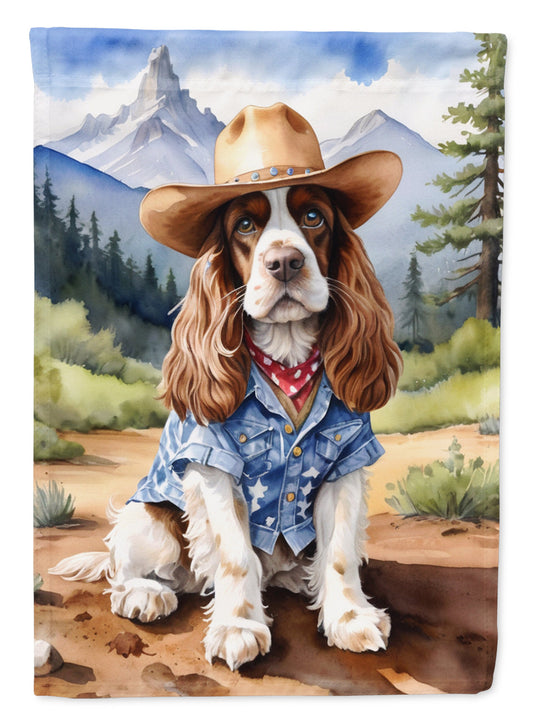 Cocker Spaniel Cowboy Welcome Garden Flag – Western Dog Yard Decor with Mountain Landscape