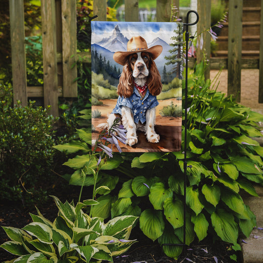Cocker Spaniel Cowboy Welcome Garden Flag – Western Dog Yard Decor with Mountain Landscape