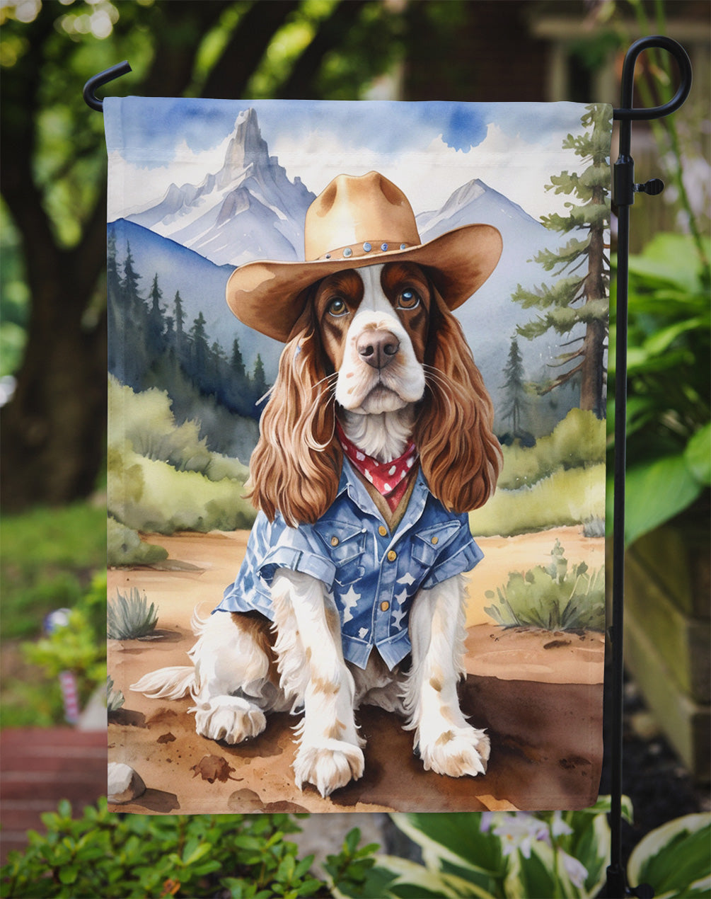 Cocker Spaniel Cowboy Welcome Garden Flag – Western Dog Yard Decor with Mountain Landscape