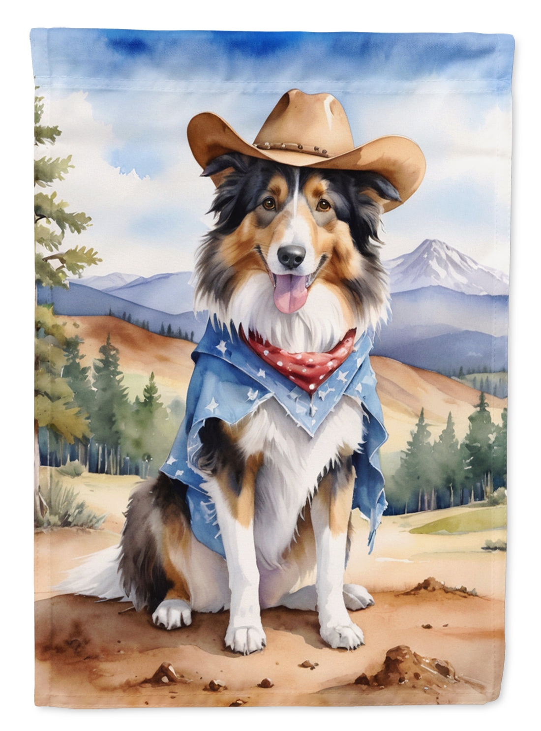 Collie Cowboy Welcome Garden Flag – Western Dog Yard Decor with Mountain Landscape