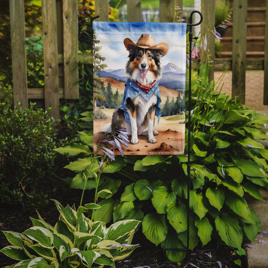 Collie Cowboy Welcome Garden Flag – Western Dog Yard Decor with Mountain Landscape