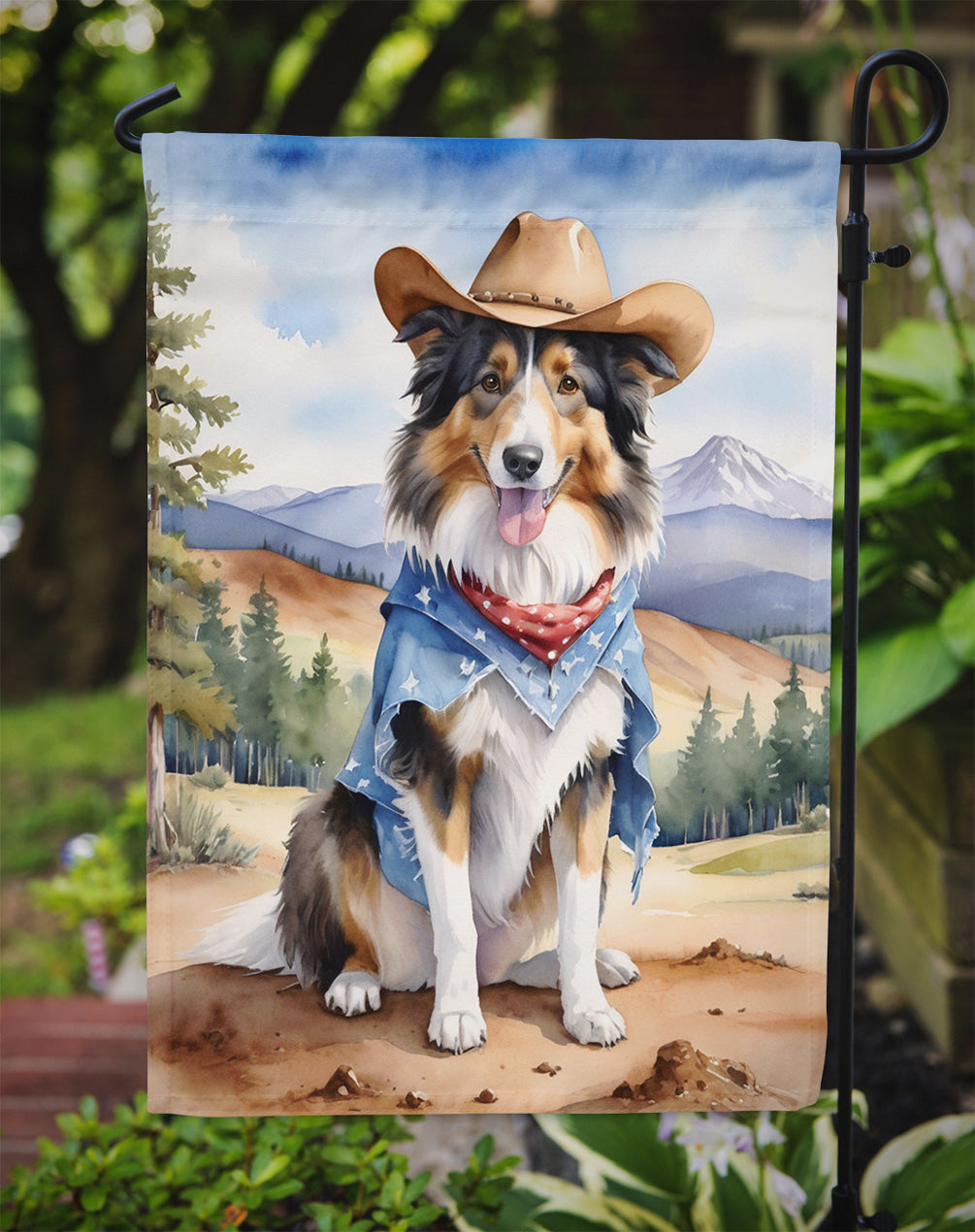 Collie Cowboy Welcome Garden Flag – Western Dog Yard Decor with Mountain Landscape