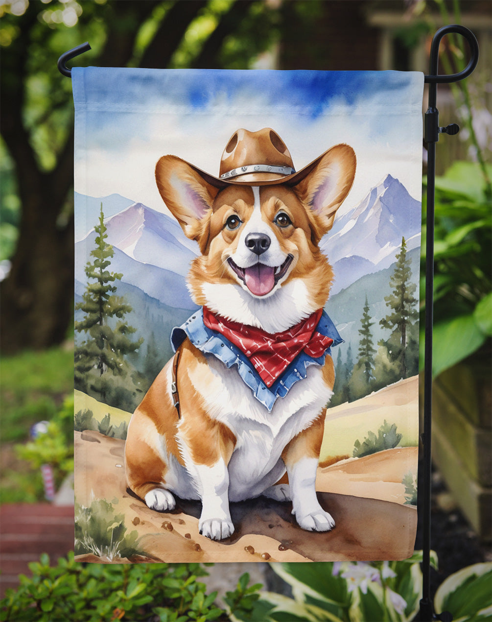 Corgi Cowboy Welcome Garden Flag – Western Dog Yard Decor with Mountain Landscape