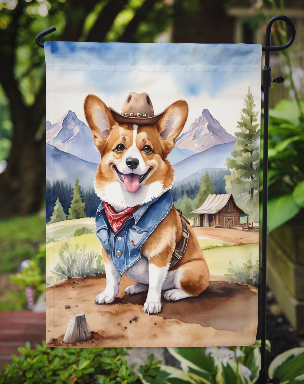 Corgi Cowboy Welcome Garden Flag – Western Dog Yard Decor with Mountain Landscape