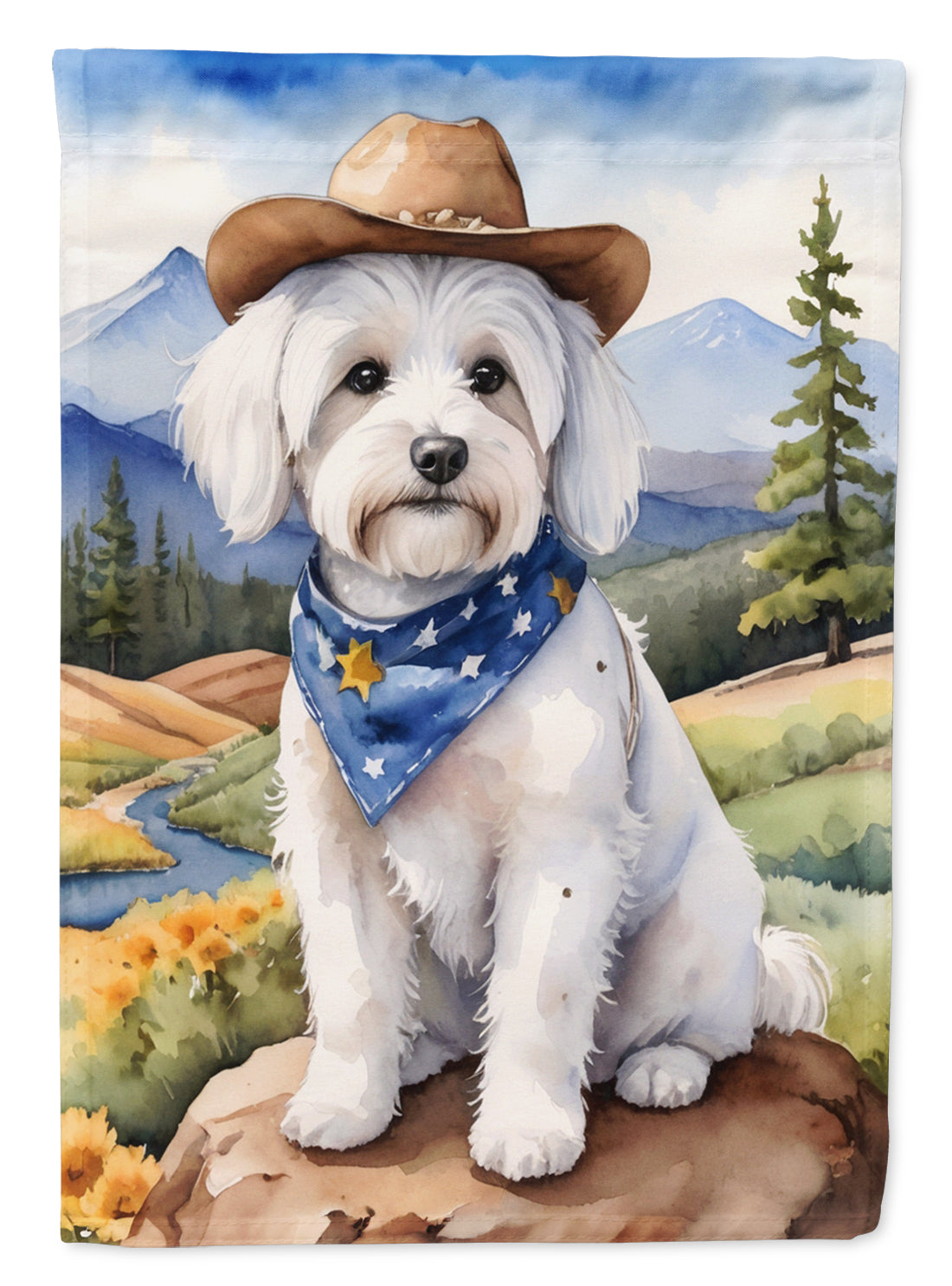 Coton de Tulear Cowboy Welcome Garden Flag – Western Dog Yard Decor with Mountain Landscape