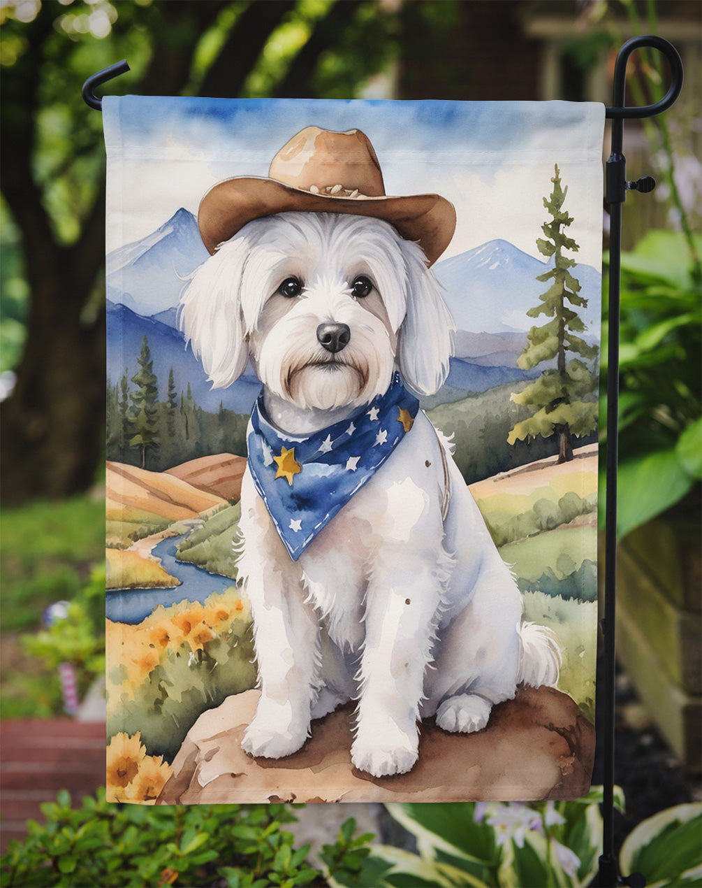Coton de Tulear Cowboy Welcome Garden Flag – Western Dog Yard Decor with Mountain Landscape