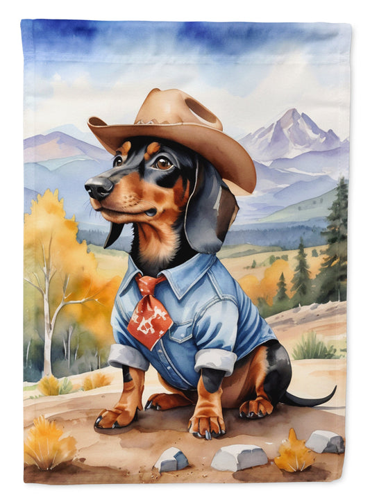 Dachshund Cowboy Welcome Garden Flag – Western Dog Yard Decor with Mountain Landscape