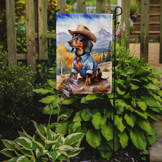 Dachshund Cowboy Welcome Garden Flag – Western Dog Yard Decor with Mountain Landscape