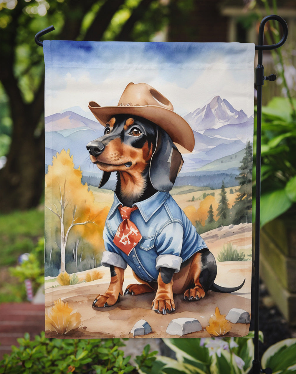 Dachshund Cowboy Welcome Garden Flag – Western Dog Yard Decor with Mountain Landscape